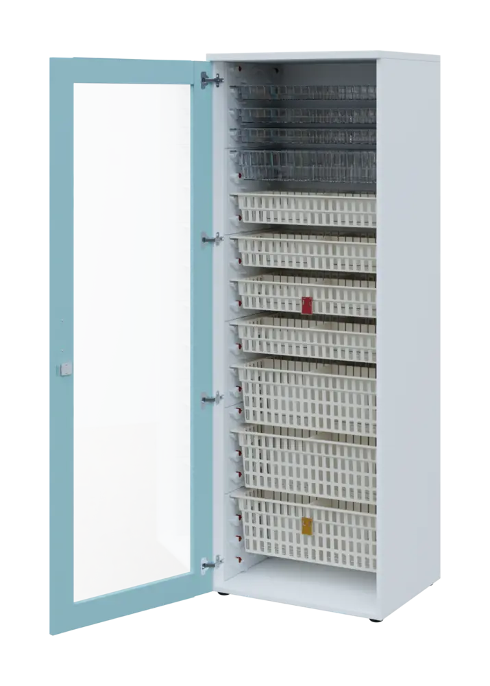 EUROMEDICA S - 66 skříň léková boxová, 1-dveřová/prosklená, levá, 1950x660x535, korpus bílý, dvířka obloha